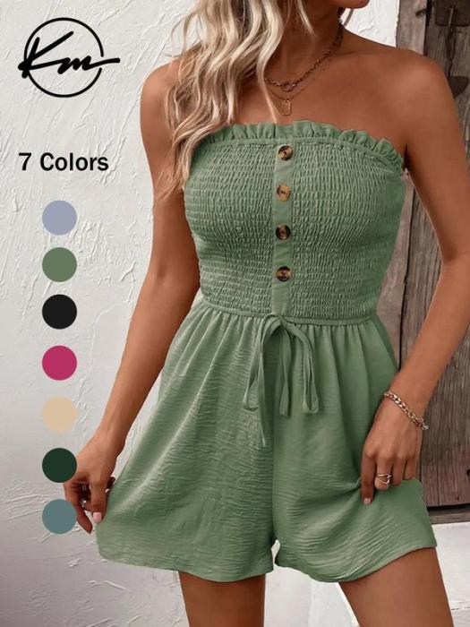 🎉💃Women's Strapless Frill Trim Shirred Tie Front Wide Leg Tube Romper