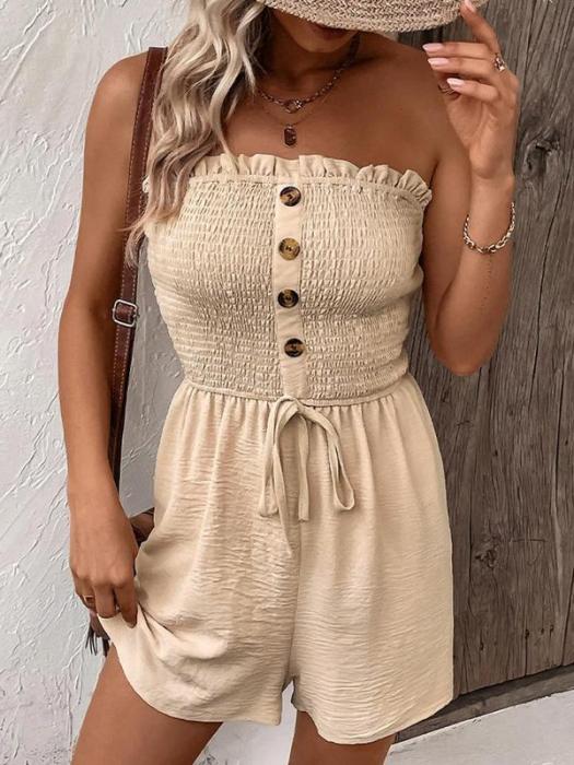 🎉💃Women's Strapless Frill Trim Shirred Tie Front Wide Leg Tube Romper